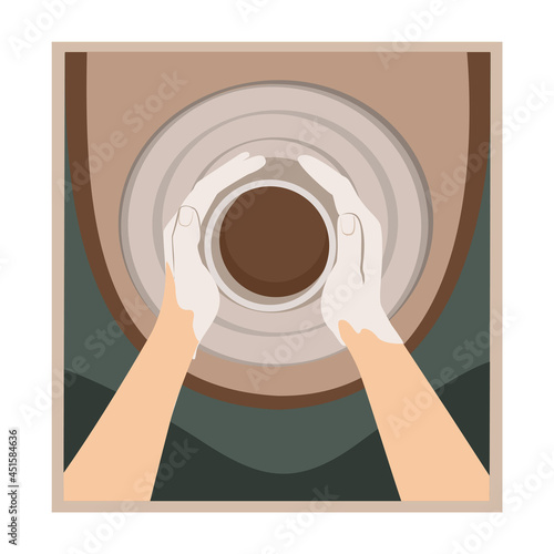 Pottery wheel vector. A potter sculpts a clay pot on a potter's wheel. Vector illustration.