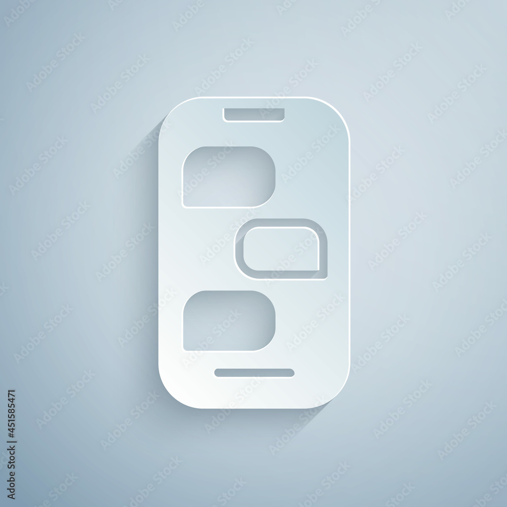 Paper cut New chat messages notification on phone icon isolated on grey background. Smartphone chatting sms messages speech bubbles. Paper art style. Vector Paper cut New chat messages notification on phone icon isolated on grey background. Smartphone chatting sms messages speech bubbles. Paper art style. Vector