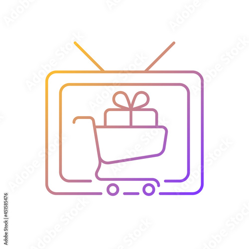 Shopping show gradient linear vector icon. Teleshopping program. Television entertainment. TV show about shoppers. Thin line color symbol. Modern style pictogram. Vector isolated outline drawing