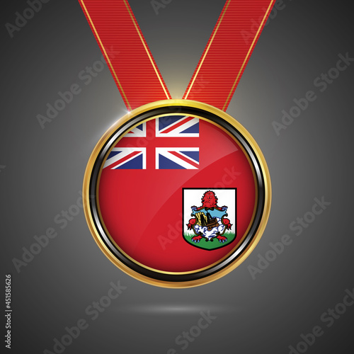 Abstract Bermuda country flag on gold medal vector. Sport game golden challenge award.