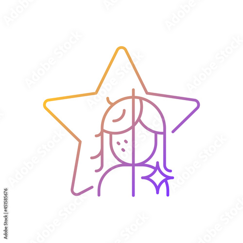 Transformation show gradient linear vector icon. Beauty makeover for women on television entertainment program. Thin line color symbol. Modern style pictogram. Vector isolated outline drawing