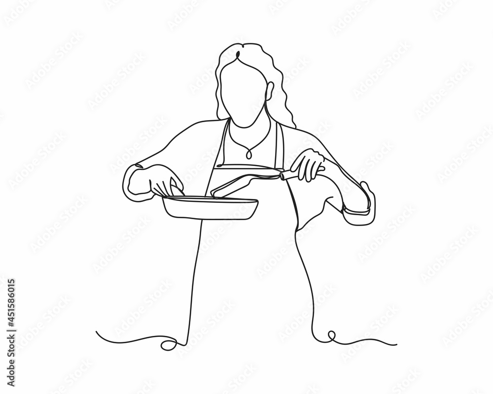 Continuous one line drawing of housewife cooking icon in silhouette on a white background. Linear stylized.Minimalist. Continuous one line drawing of housewife cooking icon in silhouette on a white background. Linear stylized.Minimalist.
