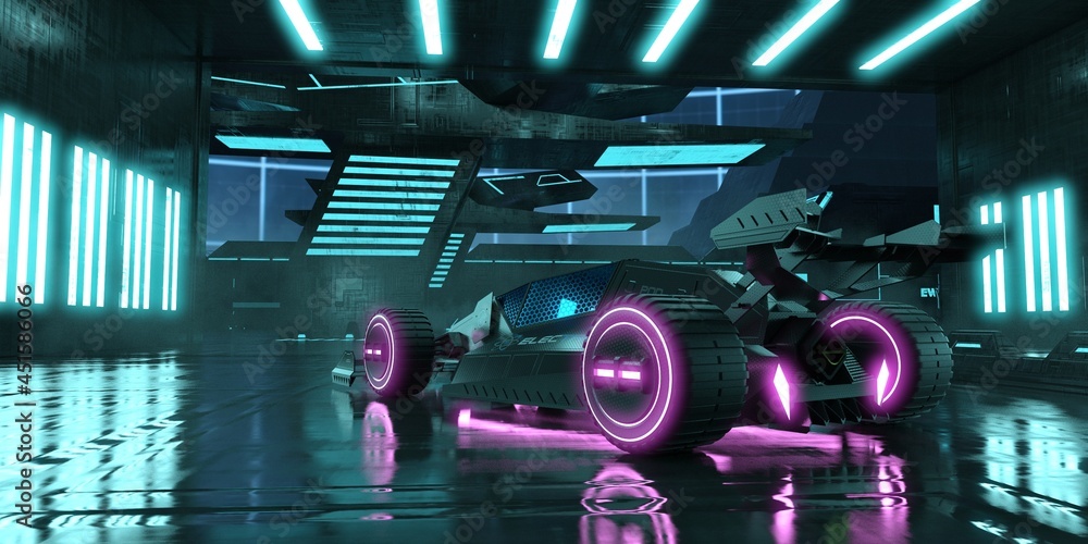 3D render of A futuristic purple neon racing car sits on a wet garage  surface with bright blue neon stripes. Fantastic scene in cyberpunk style.  3D illustration Stock Illustration