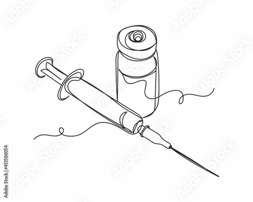 Continuous one line drawing of disposable syringe with needle and vial in silhouette on a white background. Linear stylized.Minimalist.