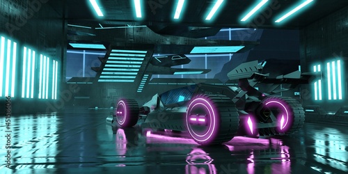 3D render of A futuristic purple neon racing car sits on a wet garage surface with bright blue neon stripes. Fantastic scene in cyberpunk style. 3D illustration