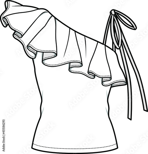 women one shoulder sleeveless ruffle top flat sketch vector illustration photo