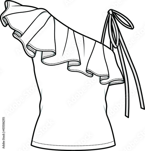 women one shoulder sleeveless ruffle top flat sketch vector illustration