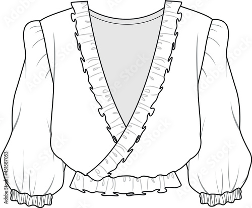 Photo v neck bishop sleeve ruffle blouse top shirt vector