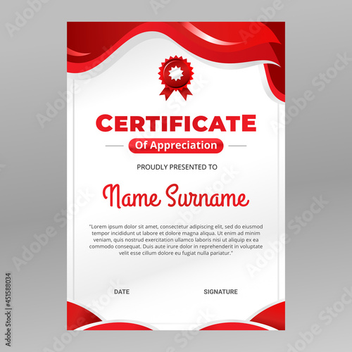 Elegant red and white abstract portrait certificate template vector. Perfect for excellence, achievement, appreciation or completion. Graduation Certificate print template.