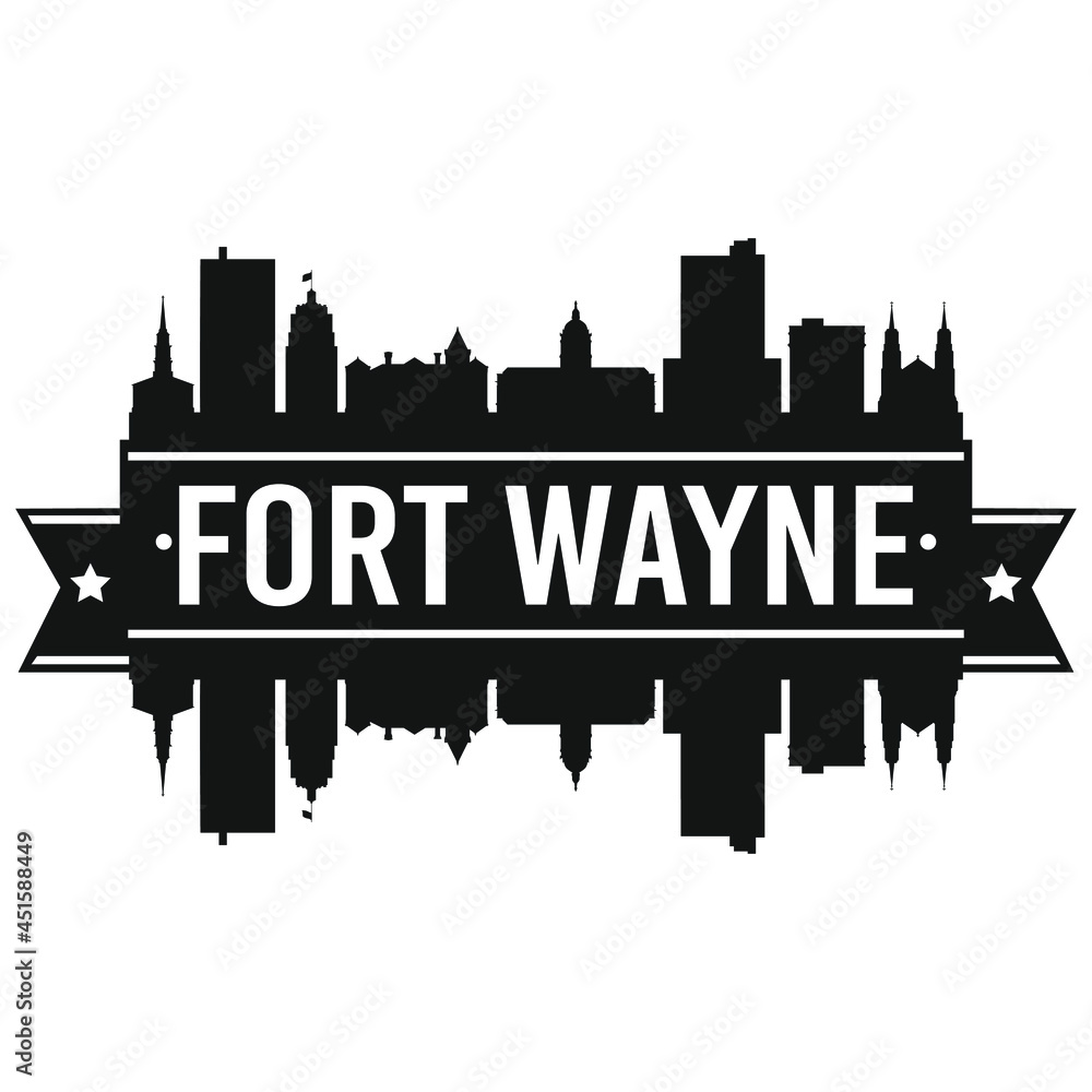 Fort Wayne Indiana Skyline. Banner Vector Design Silhouette Art. Cityscape Travel Monuments.