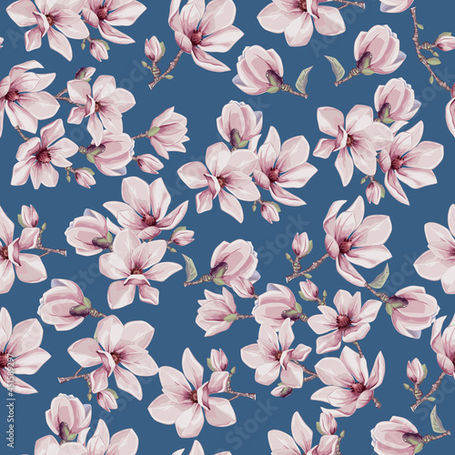 Seamless vector vintage floral pattern for gift wrap, fabric, cover and interior design with flowers.  Magnolia flowers and leaves