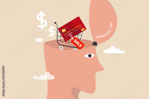 Consumerism, wanting mind or desire to buy and purchasing more, buying therapy or shopping addiction concept, human head with shopping cart with credit card and sale price tag in his brain.
