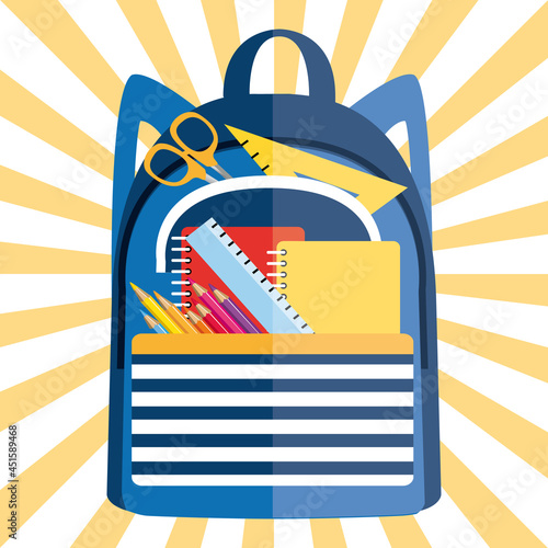 School bag filled with school supplies. Vector icon illustration.