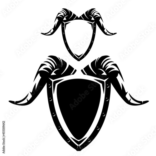 iron studded heraldic shield with ram horns for security concept black and white vector coat of arms design set
