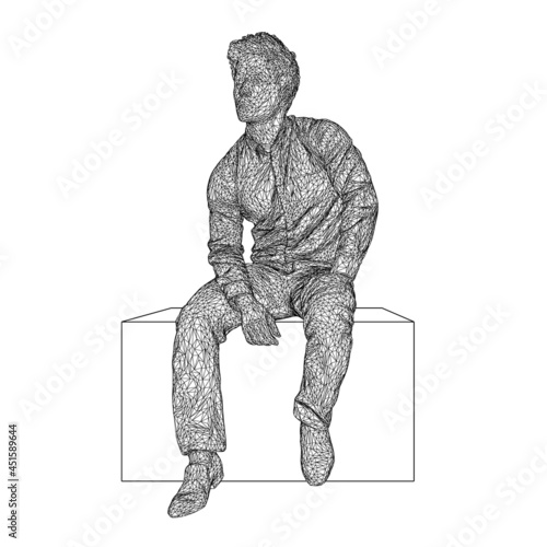 Wireframe of a young guy sitting on a box of black lines, isolated on a white background. 3D. Vector illustration