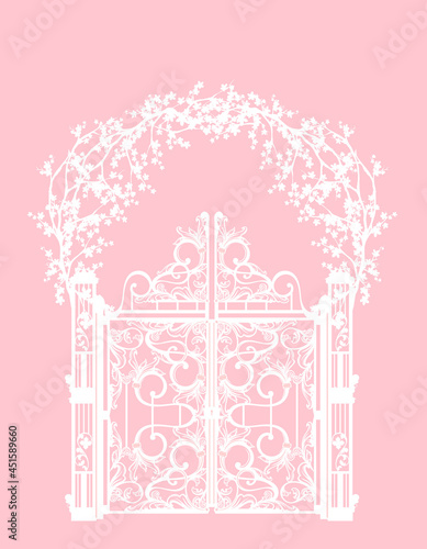 white vector silhouette of elegant entrance arch with ornate gate doors decorated with blooming sakura tree branches