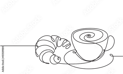 Cup and croissant. Coffee, tea. Vector sketch. Hot drink and pastries. Continuous line drawing.