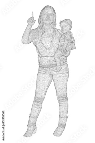 Wireframe of a young mother with a baby in her arm, the other hand is raised up from black lines, isolated on white background. Front view. 3D. Vector illustration