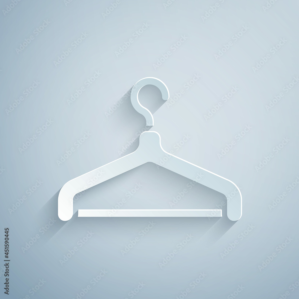 Paper cut Hanger wardrobe icon isolated on grey background. Cloakroom icon. Clothes service symbol. Laundry hanger sign. Paper art style. Vector Paper cut Hanger wardrobe icon isolated on grey background. Cloakroom icon. Clothes service symbol. Laundry hanger sign. Paper art style. Vector