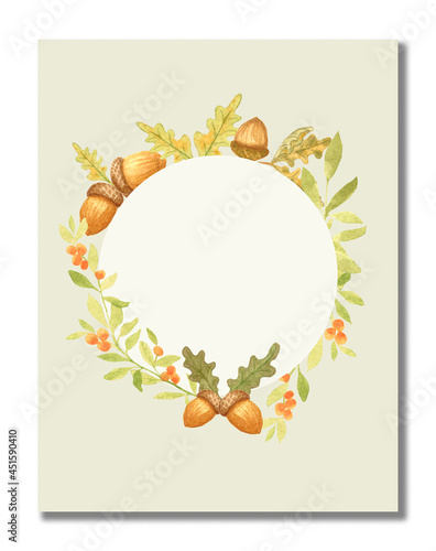 Watercolor autumn frame wreath with oak leaves and acorns. Congratulatory autumn card. Blank template for text.