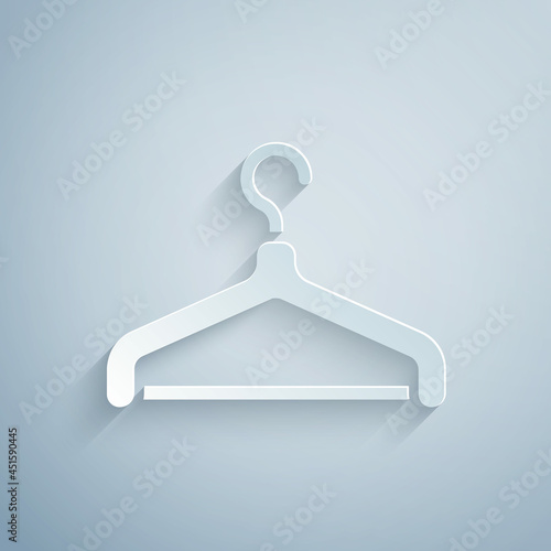 Paper cut Hanger wardrobe icon isolated on grey background. Cloakroom icon. Clothes service symbol. Laundry hanger sign. Paper art style. Vector