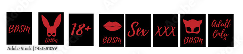 A set of icons (posters) on a sexy (erotic) theme in the style of BDSM with masks and lips. With text: 18 plus, adult only, sex on black background