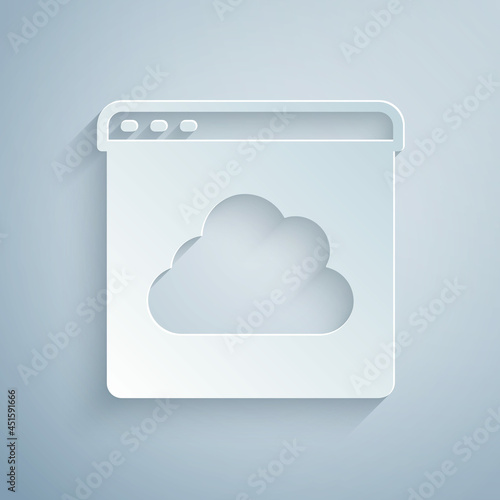 Paper cut Cloud technology data transfer and storage icon isolated on grey background. Paper art style. Vector