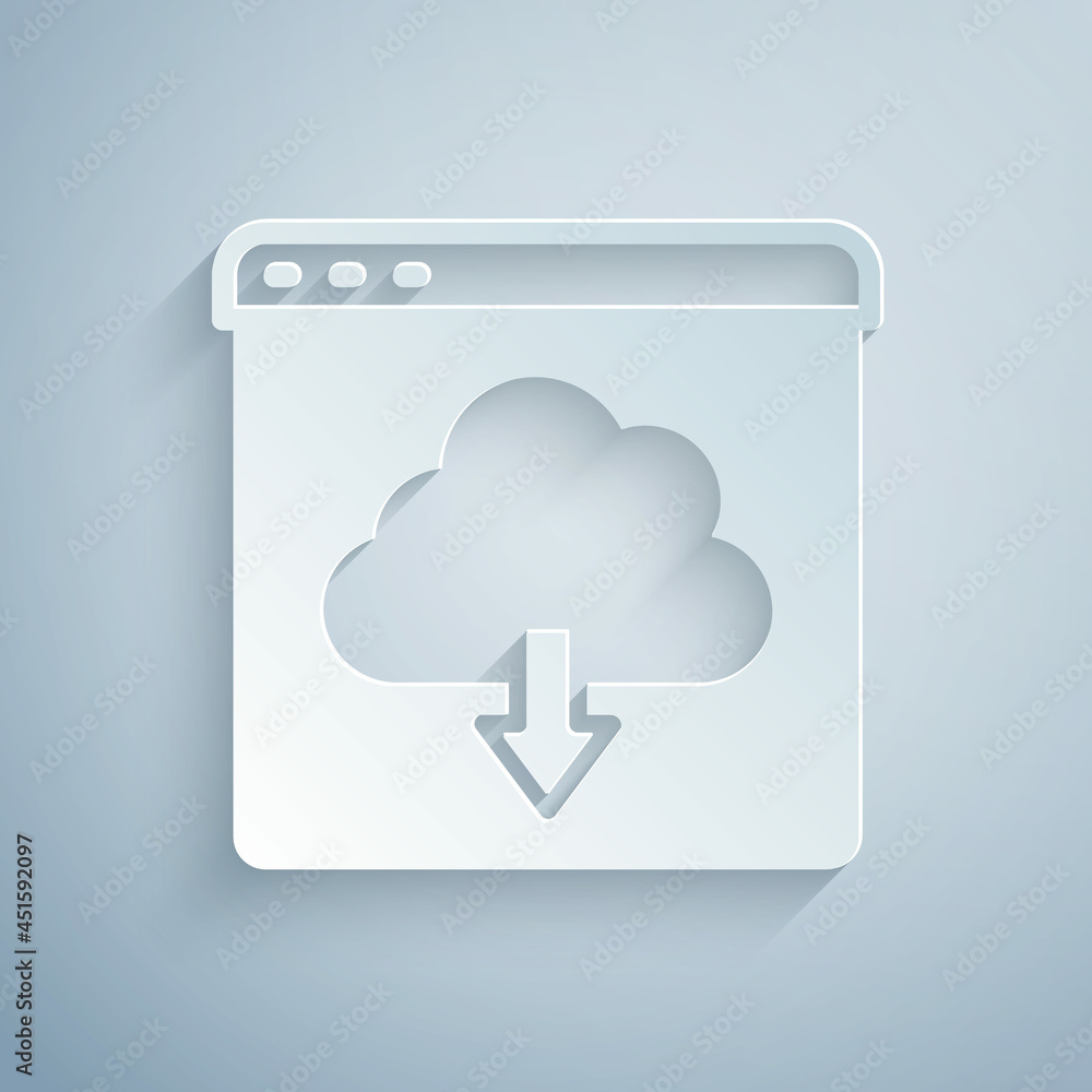Paper cut Cloud download icon isolated on grey background. Paper art style. Vector Paper cut Cloud download icon isolated on grey background. Paper art style. Vector