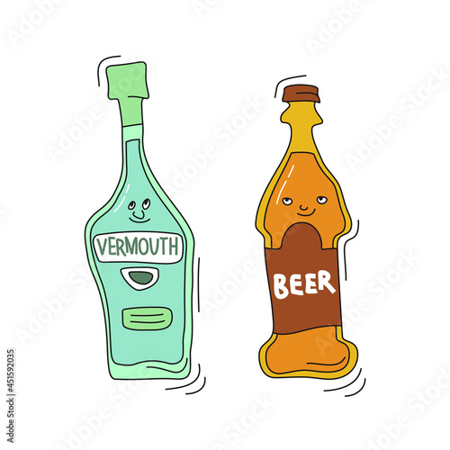 Beer and vermouth with smile on white background. Cartoon sketch graphic design. Doodle style with black contour line. Cute hand drawn bottle. Party drinks concept. Freehand drawing style