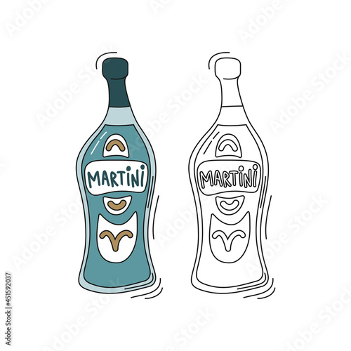 Martini on white background. Two kinds beverage. Cartoon sketch graphic design. Doodle style with black contour line. Colored hand drawn bottle. Party drinks concept. Freehand drawing style