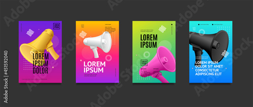 Vászonkép Poster Banner Card with Realistic Detailed 3d Megaphone and Abstract Memphis Style Elements Set