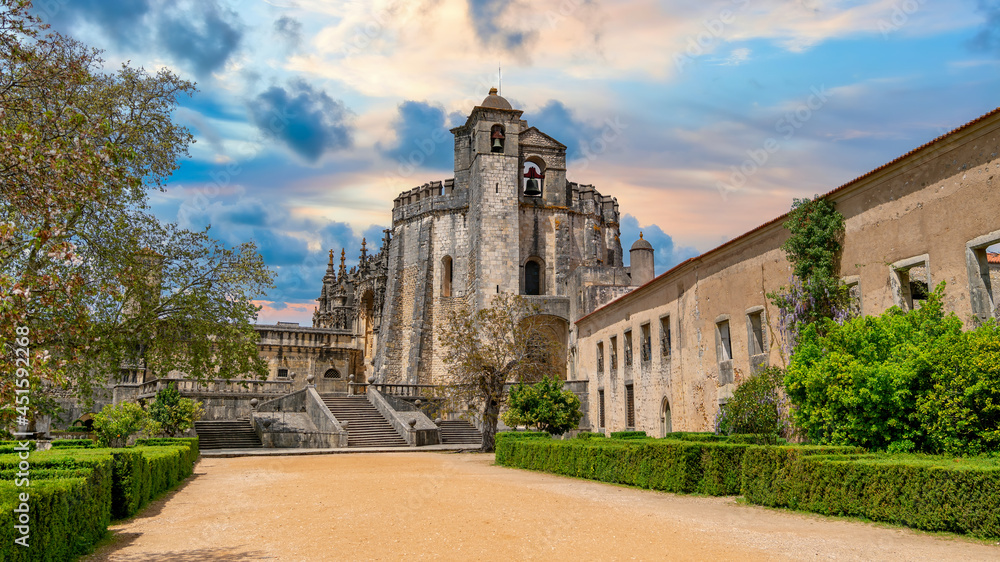 Tomar, Portugal - April 2018: The Convent of the Order of Christ is a templar knights castle