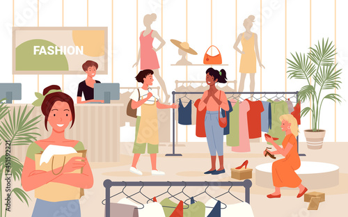People shopping in fashion retail store vector illustration. Cartoon happy young woman consumer character standing in shop boutique interior, holding shopping bags, girls choose dress background