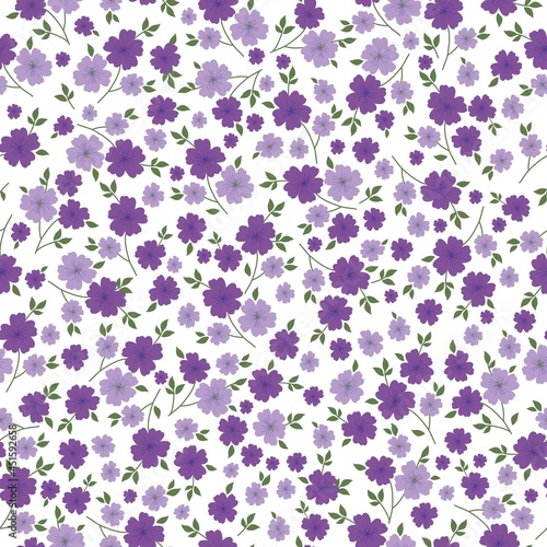 Seamless vintage pattern . wonderful lilac flowers, green leaves on a white background. vector texture. trend print for textiles and wallpaper.