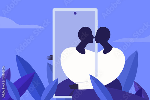 Illustration of a person embraces his own reflected image in the mobile phone he holds. Concept for social media addiction