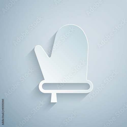 Paper cut Oven glove icon isolated on grey background. Kitchen potholder sign. Cooking glove. Paper art style. Vector