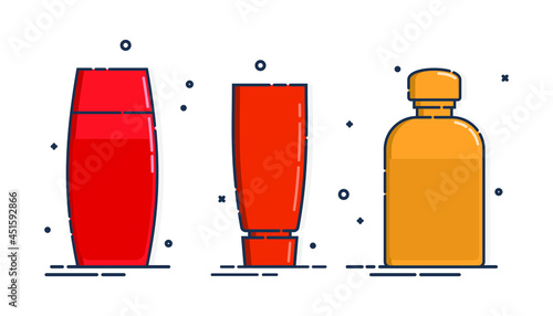Cosmetic container. Body care hygiene. Blank package bottle. Three plastic makeup jar product. Color beauty medicine package. Oil, gel, shampoo. Treatment mockup design. Outline object