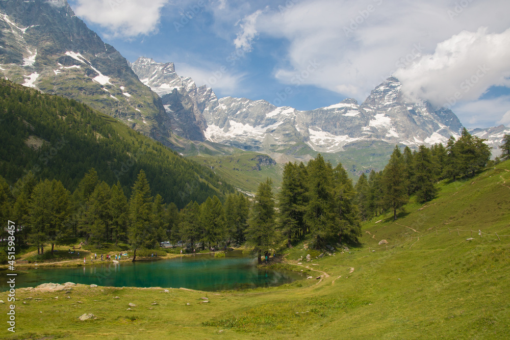 Panoramic view of Lago Blue at the feet of Monte Cervino (Matterhorn) in Valle d'Aosta, Italy