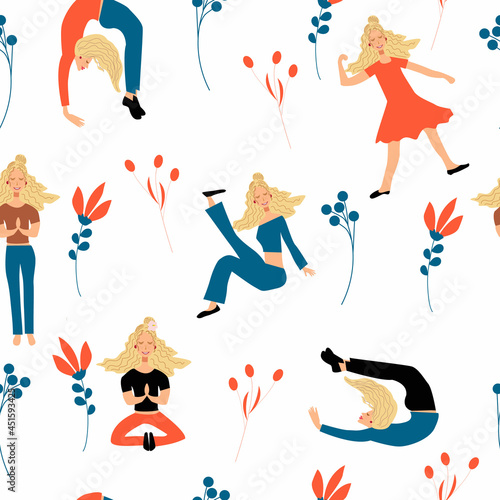Seamless pattern of girls who go in for sports. Cute vector illustration