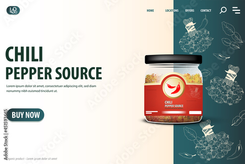 Chili peppers source in jar with have chili, garlic and kaffir lime leaves. Vector hand drawn illustration. Web template.