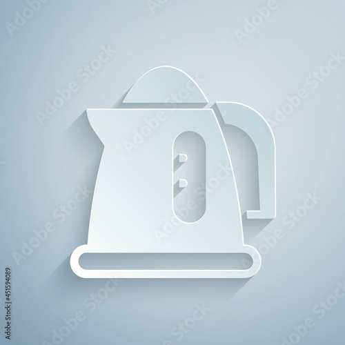 Photo Paper cut Electric kettle icon isolated on grey background