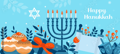 Happy Hanukkah banner, template for your design. Hanukkah is a Jewish holiday. Greeting Card with Menorah, Sufganiyot, Dreidel. Vector illustration