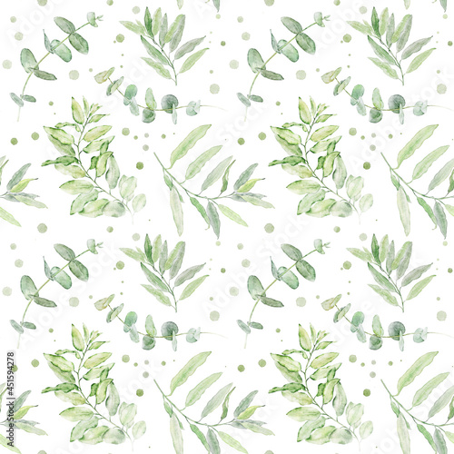 Watercolor seamless floral pattern with green leaves isolated on white background.