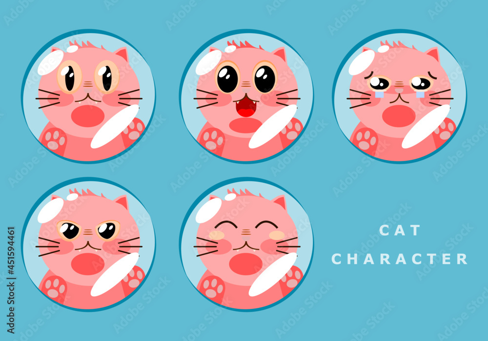 Set face cute kid pink cat with circular window glass character flat vector. Set face cute kid pink cat with circular window glass character flat vector.