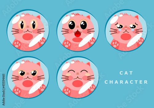 Set face cute kid pink cat with circular window glass character flat vector. 