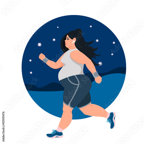 An obese woman jogs at night to lose weight. Sports training, weight loss, maintaining physical fitness. The concept of weight loss. Vector illustration of an overweight character.