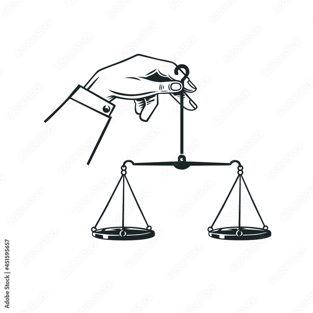 Hand holds scales of justice. Hand holds scales of justice.