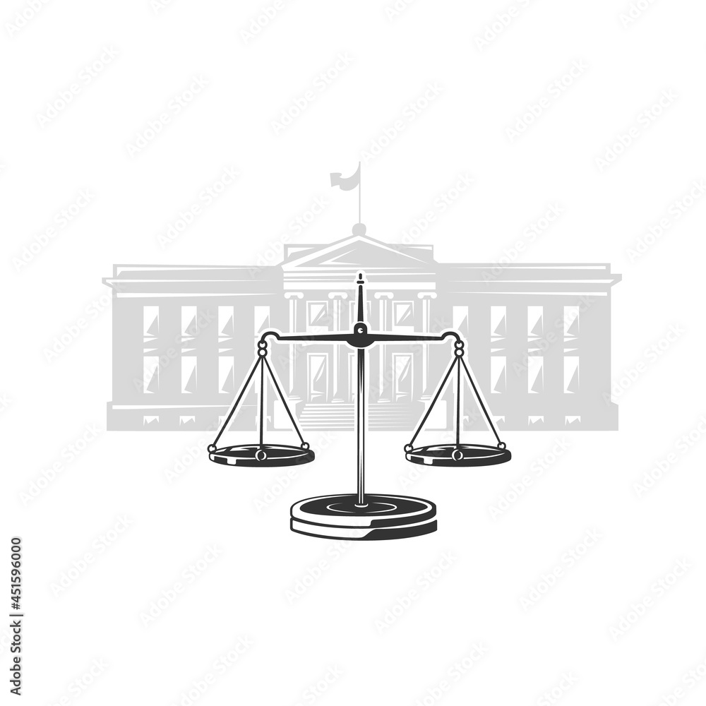 Scales of justice against the backdrop of the courthouse. Scales of justice against the backdrop of the courthouse.