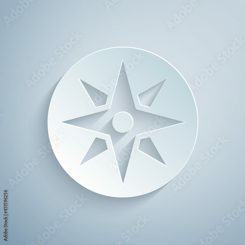 Paper cut Wind rose icon isolated on grey background. Compass icon for travel. Navigation design. Paper art style. Vector