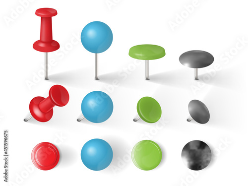 different types of push pins, thumbtacks isolated on white background vector